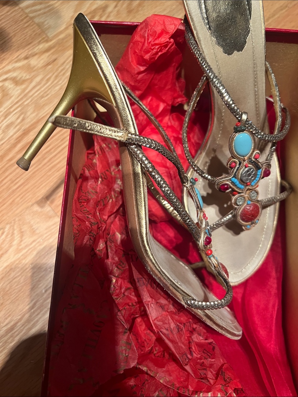 Rene Caovilla Beige Sandals with Turquoise and Red Embellishments - Picture 2 of 9